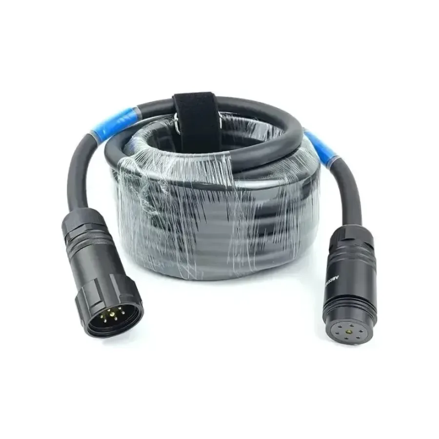 7-Way Coiled Power Cable · 30 m — heavy duty · stage extension · 100 ft