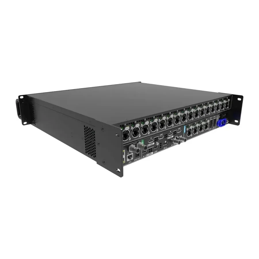 Rear panel of the NovaStar MX40 Pro showing 20 EtherCON output ports, optical ports, HDMI 2.0, DisplayPort 1.2 and SDI inputs