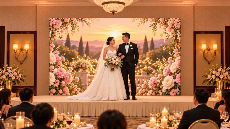AI 效果示意：婚宴现场的 11.5 × 6.6 英尺 LED 屏