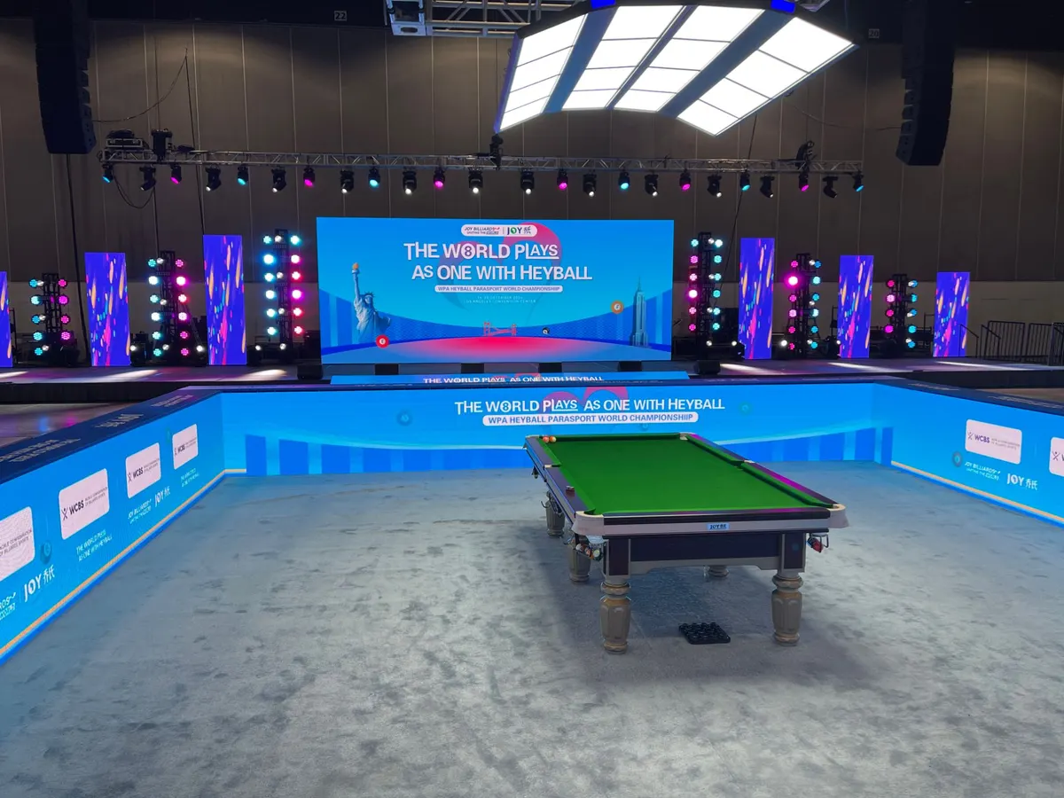Feature table, main LED screen and lighting at the WPA Heyball Parasport World Championship, Los Angeles Convention Center