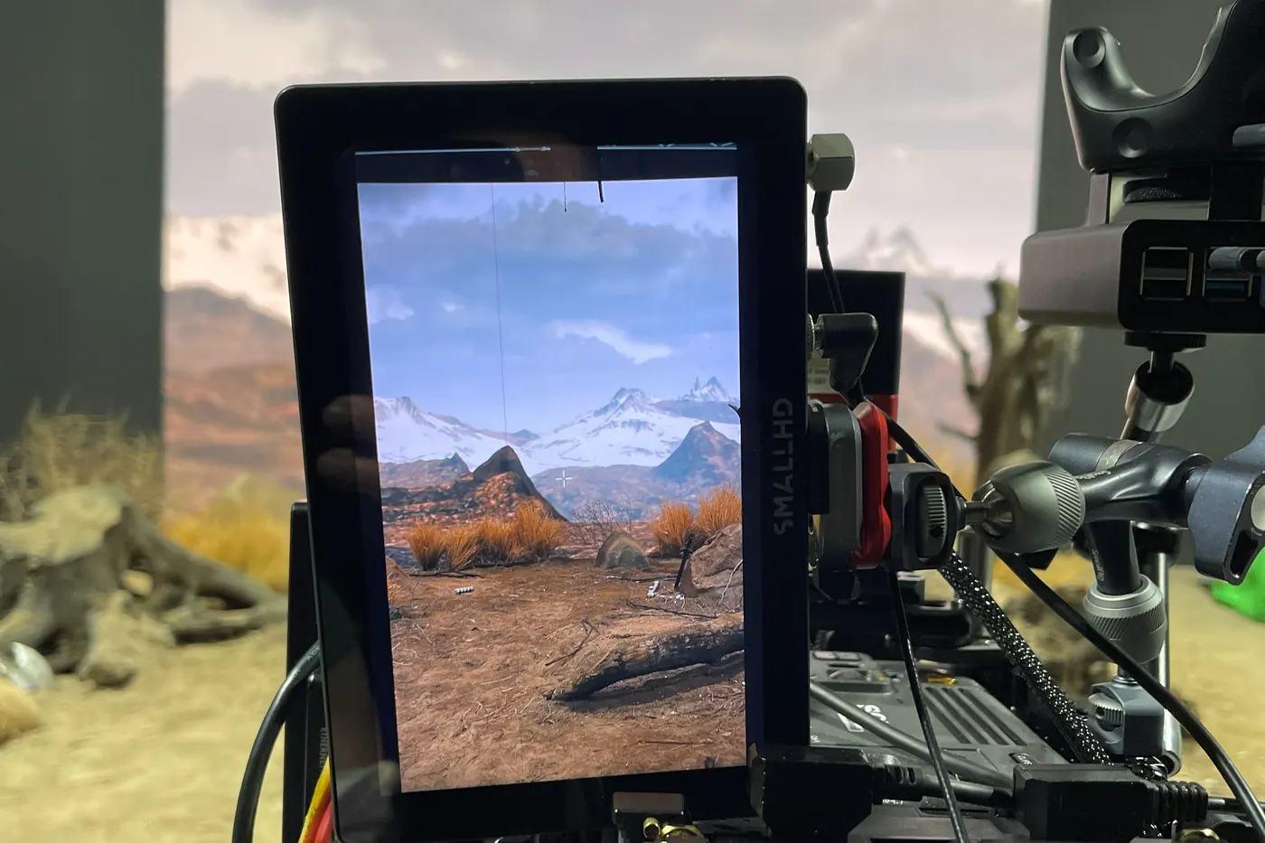 ReelShort shoot, in the camera monitor: the set on the floor and the snow mountains on the wall are one picture