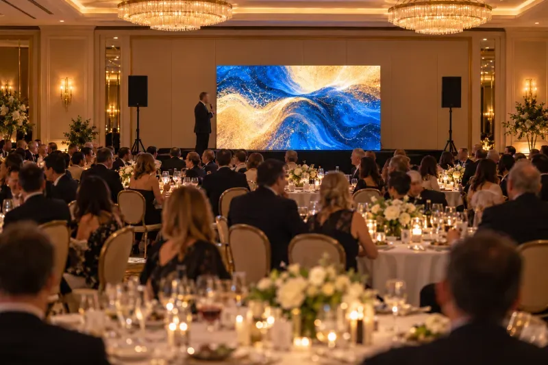 AI rendering: Mics & background music, Recommended for 100–200 guests