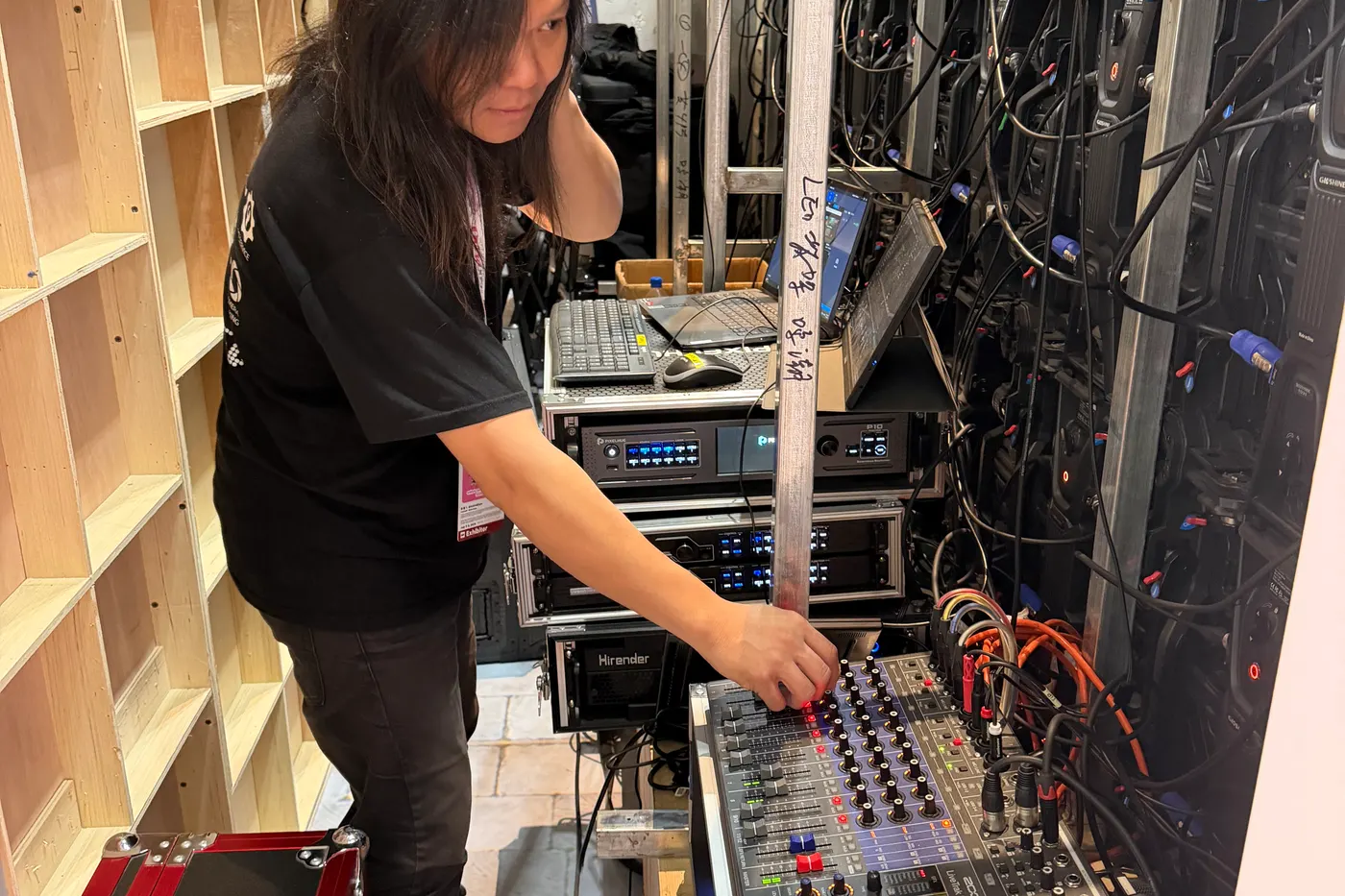 Our engineer at the mixer and playback rack, July 5, 2026
