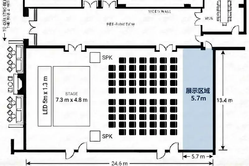 我们画的宴会厅布置:LED 和舞台、音箱、观众席、展示区
