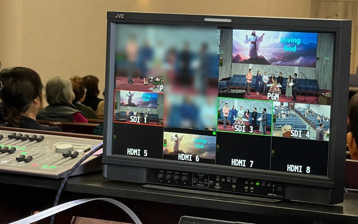 A Korean church in Glendale: the livestream desk during a service, every camera on one multiview monitor