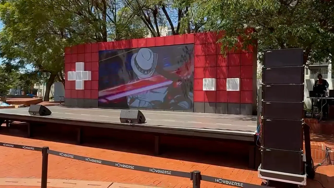 Little Tokyo plaza, Los Angeles, April 19, 2026, at noon: our 4.5 × 2.5 m outdoor P3.9 wall in full sun