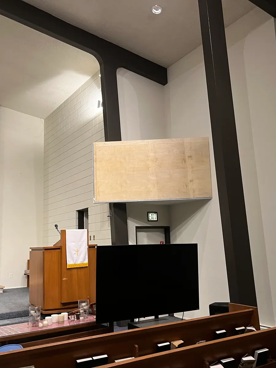 The structure from the side, before drywall: angled toward the seating