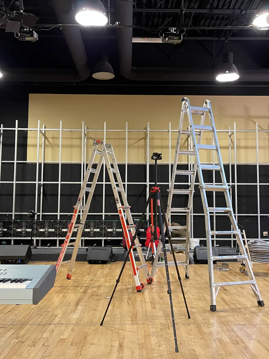 The free-standing frame complete, before the cabinets