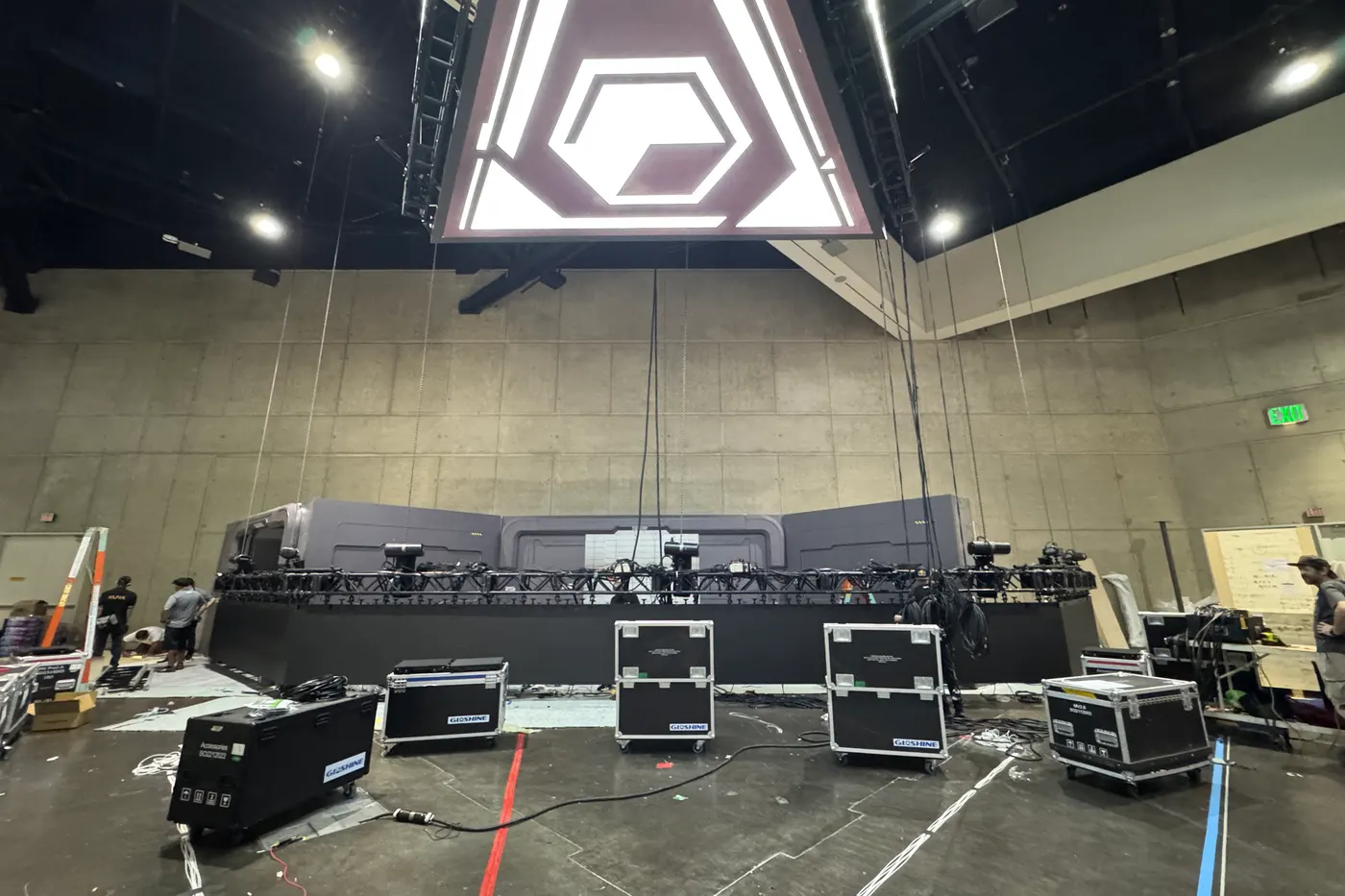 The wall on its truss, just off the floor, before it was flown